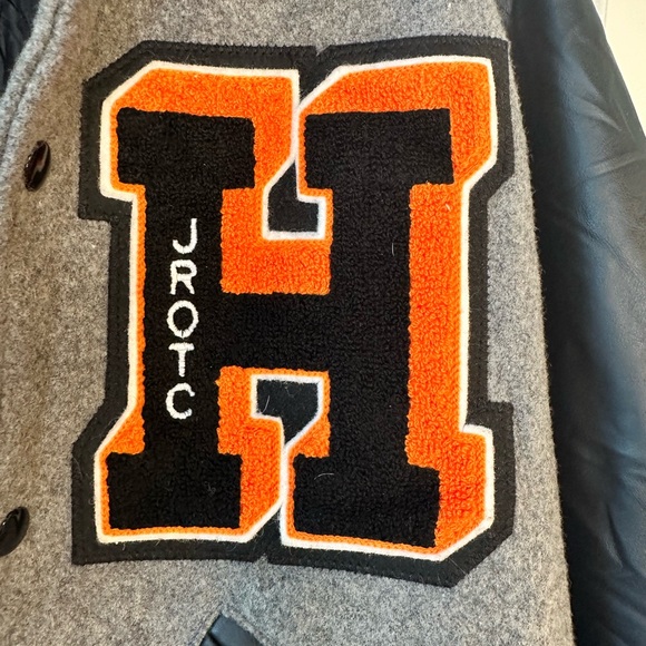Vintage Letterman Varsity JROTC H Wool & Faux Leather Grey/Black/Orange Bomber,S - Picture 6 of 10